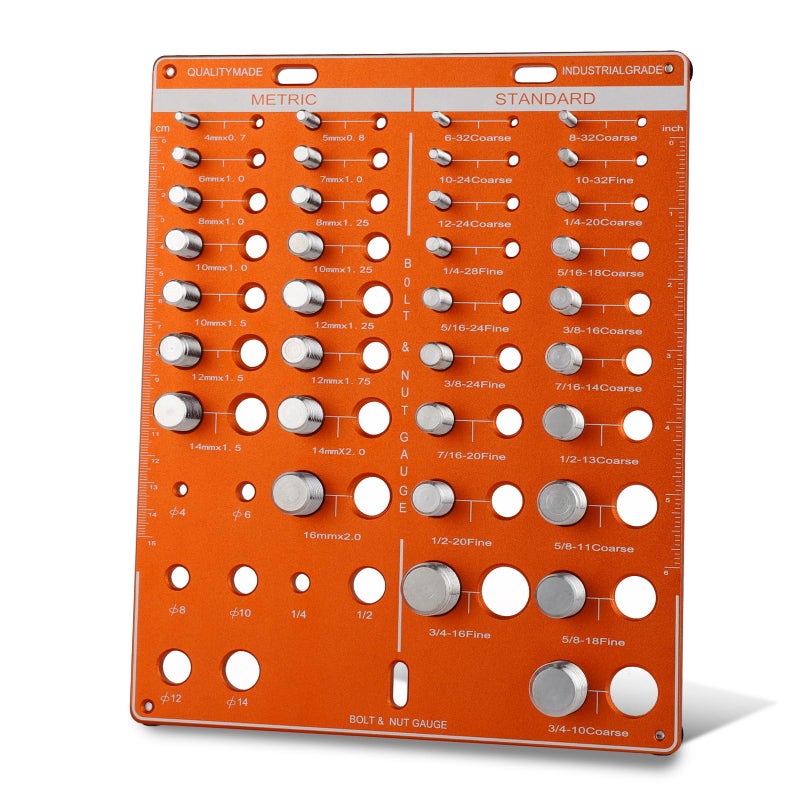 EVERKEEN Thread Nut Bolt Checker, metric Size Gauge, 42 Bolt and Nut Gauge, Identifier Standard and metric, Bolt Size Finder with 19 Standard & 15 Metric Bolt & 8 Drill Bit, wall mount measuring screw - Image 1